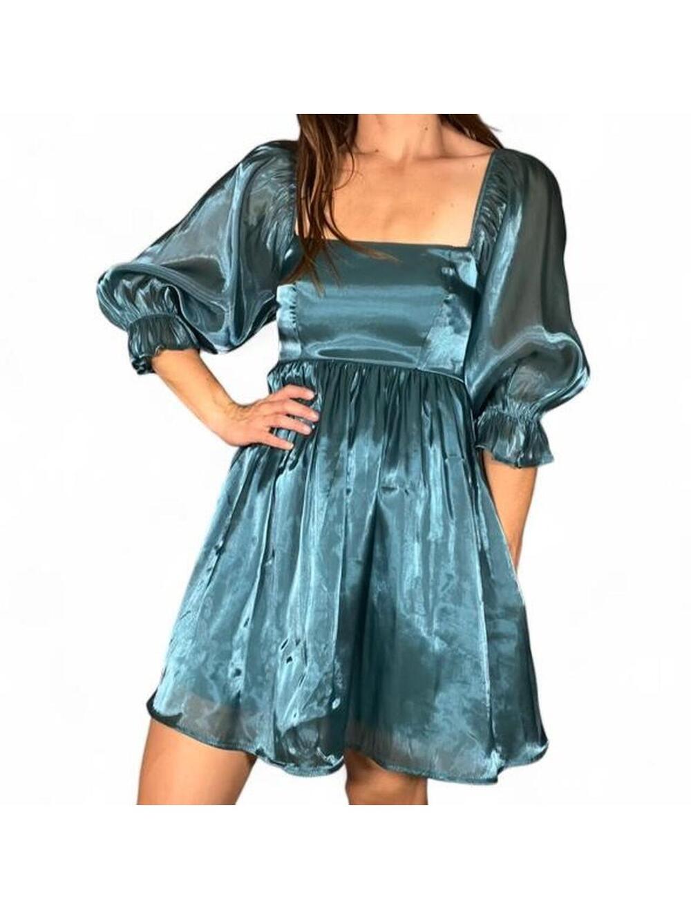 Thirty/Thirty LA Blue Satin Dress with Puffy Sleeves and Square Neckline